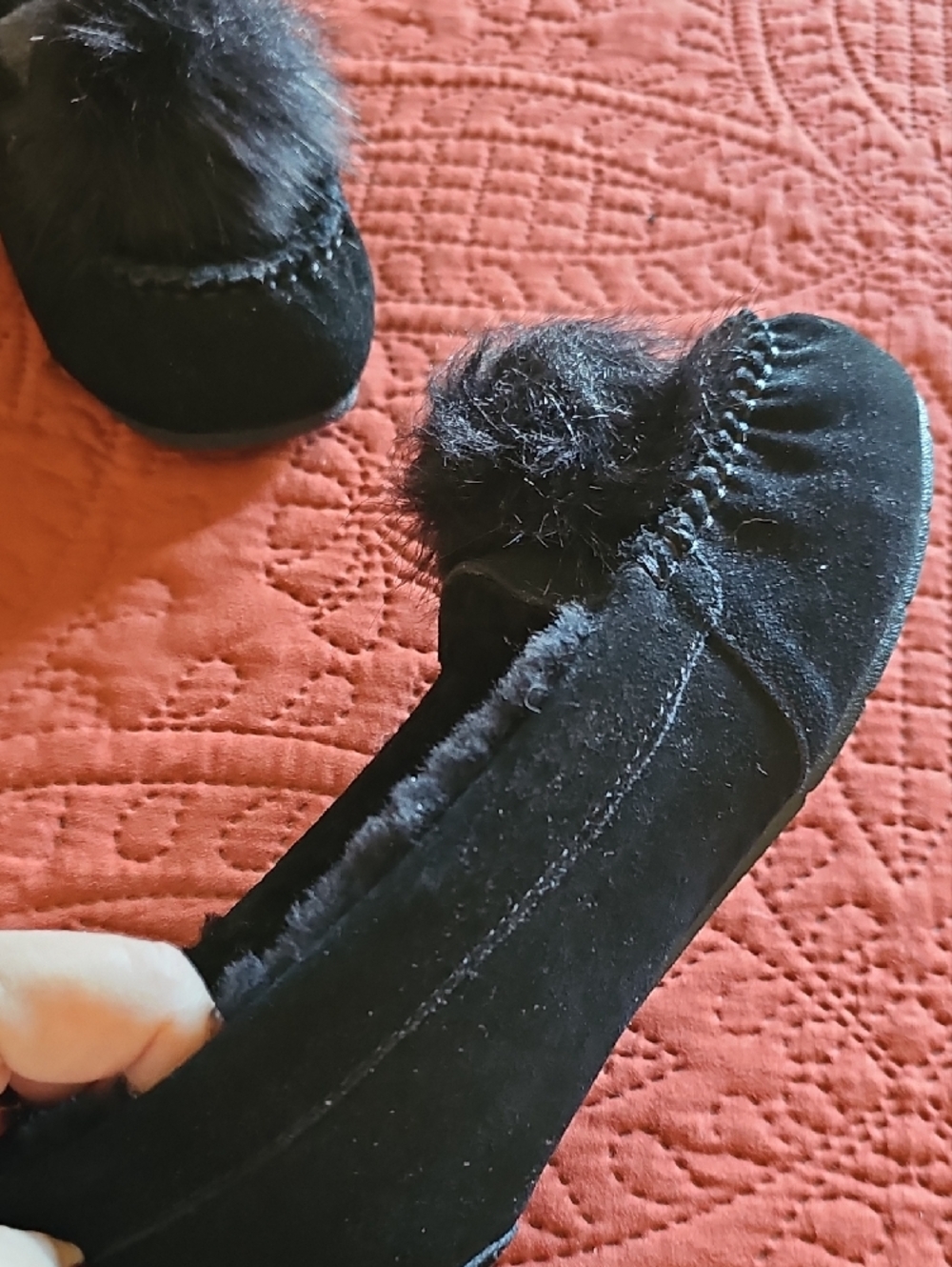 BearPaw Black Faux-Fur Pom Moccasin Slippers - Picture 4 of 8